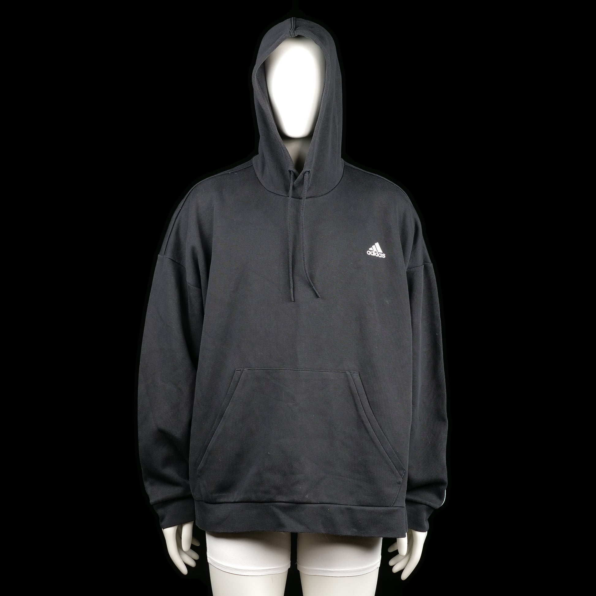 Adidas - Hoodie - Black & White - Size 2XL - Black hoodie with white three-stripe detailing running down the sleeves and across the upper back. Features a kangaroo pocket and a drawstring hood.
