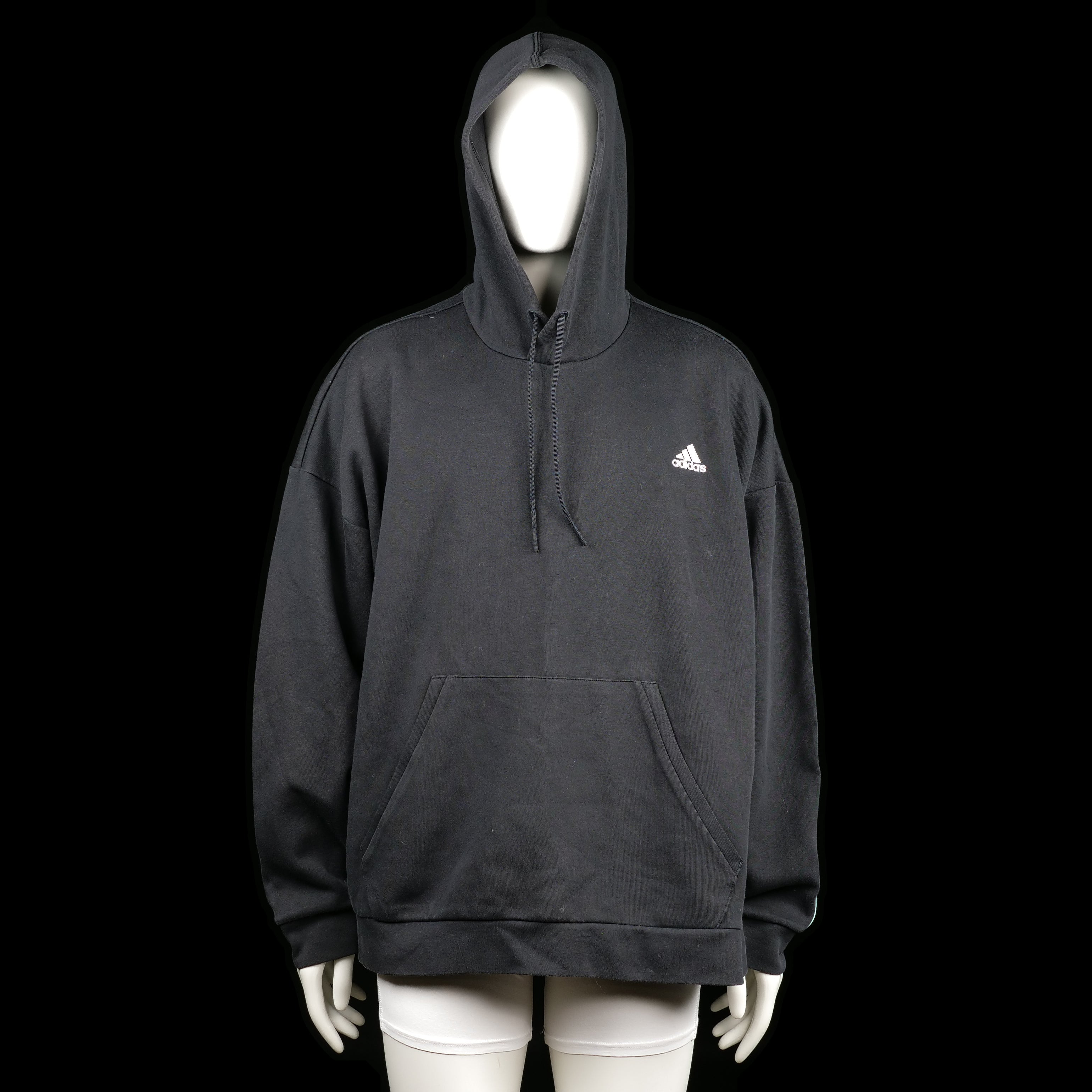 Adidas - Hoodie - Black & White - Size 2XL - Black hoodie with white three-stripe detailing running down the sleeves and across the upper back. Features a kangaroo pocket and a drawstring hood.