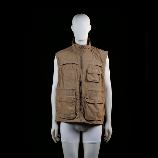 Shamp - Vest_other - Camel - Size M - Sleeveless vest with a high collar and front zipper closure. Features six front pockets, including zippered and flap styles with prominent seams.
