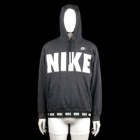 Nike - Hoodie - Black & White - Size L - Black hoodie with large white "NIKE" print across the chest and small logo on the upper chest. The hem features a repeating "NIKE" logo band and it has a front kangaroo pocket.