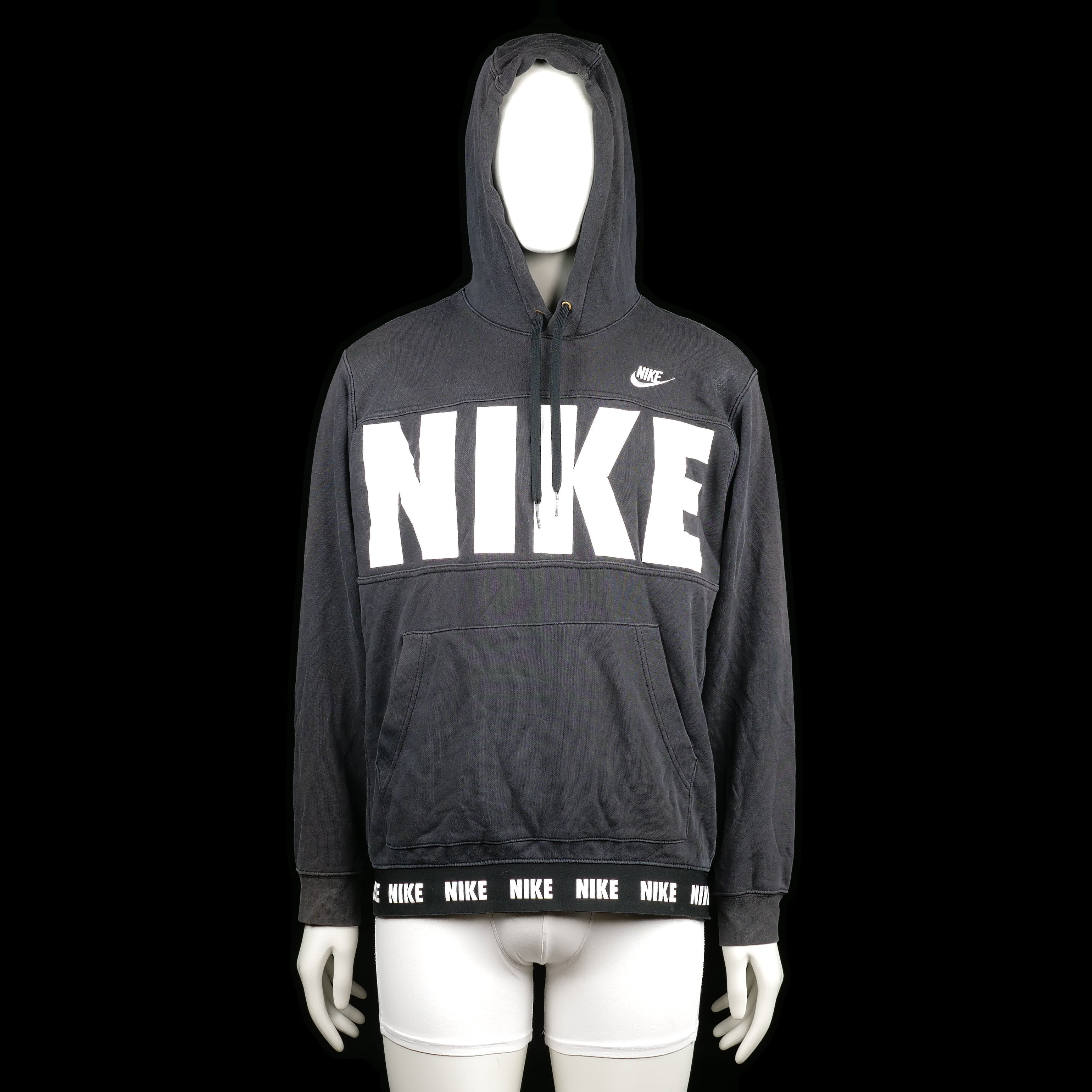 Nike - Hoodie - Black & White - Size L - Black hoodie with large white "NIKE" print across the chest and small logo on the upper chest. The hem features a repeating "NIKE" logo band and it has a front kangaroo pocket.