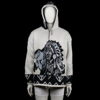 Genesis - Hoodie - Ivory & Black - Size L - Ivory zip-up hoodie featuring a large front-and-back graphic of a Native American figure and buffalo in dark tones, with black geometric border details on hem, cuffs, and hood. Drawstring detail at the hem and hood.