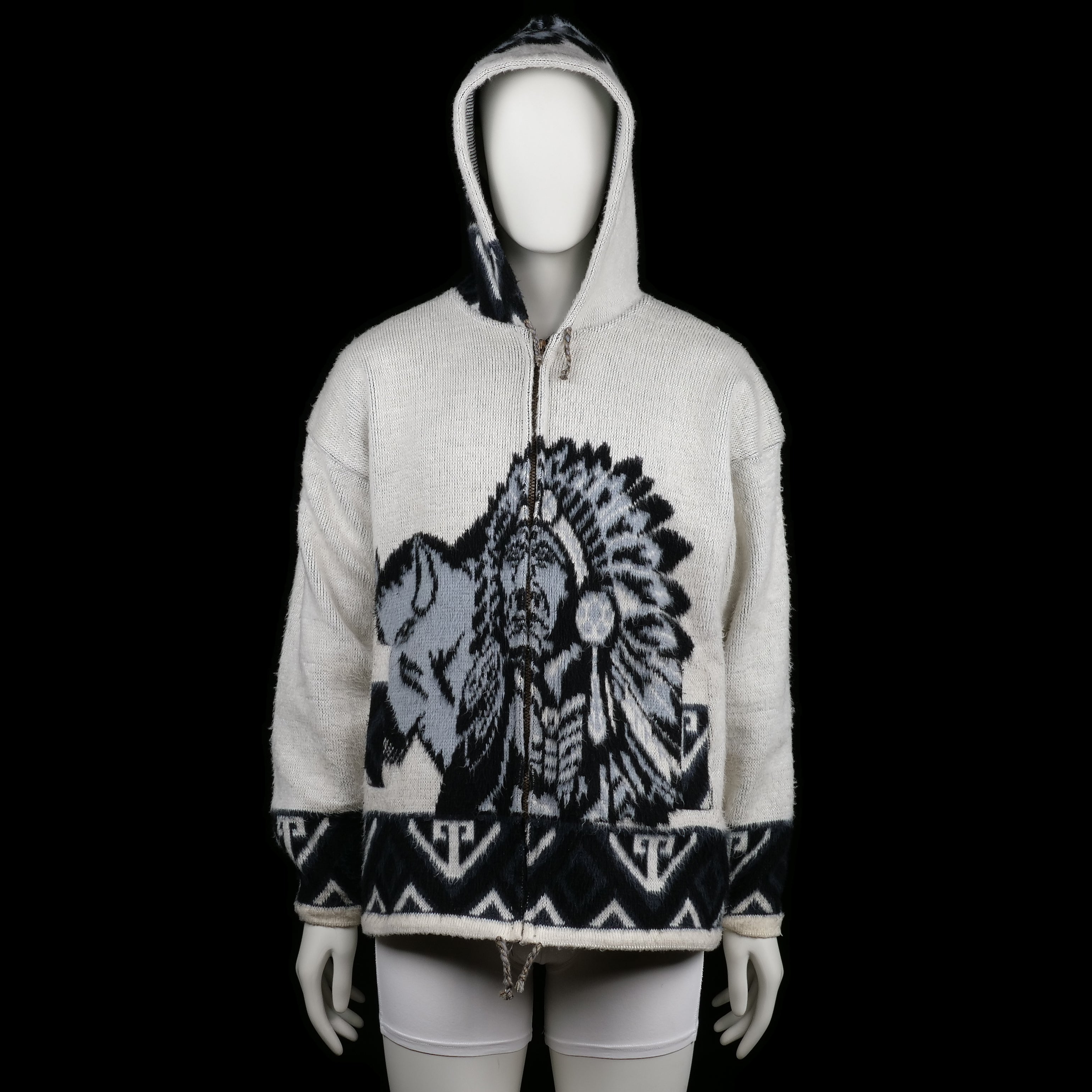 Genesis - Hoodie - Ivory & Black - Size L - Ivory zip-up hoodie featuring a large front-and-back graphic of a Native American figure and buffalo in dark tones, with black geometric border details on hem, cuffs, and hood. Drawstring detail at the hem and hood.