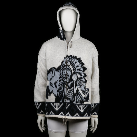 Genesis - Hoodie - Ivory & Black - Size L - Ivory zip-up hoodie featuring a large front-and-back graphic of a Native American figure and buffalo in dark tones, with black geometric border details on hem, cuffs, and hood. Drawstring detail at the hem and hood.