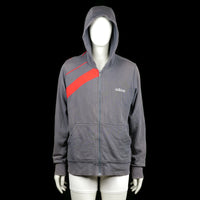 Adidas - Hoodie - Charcoal & Red - Size L - Charcoal zip-up hoodie with red diagonal print accents across the chest and back. Features front kangaroo pockets, ribbed cuffs, and a straight hem.