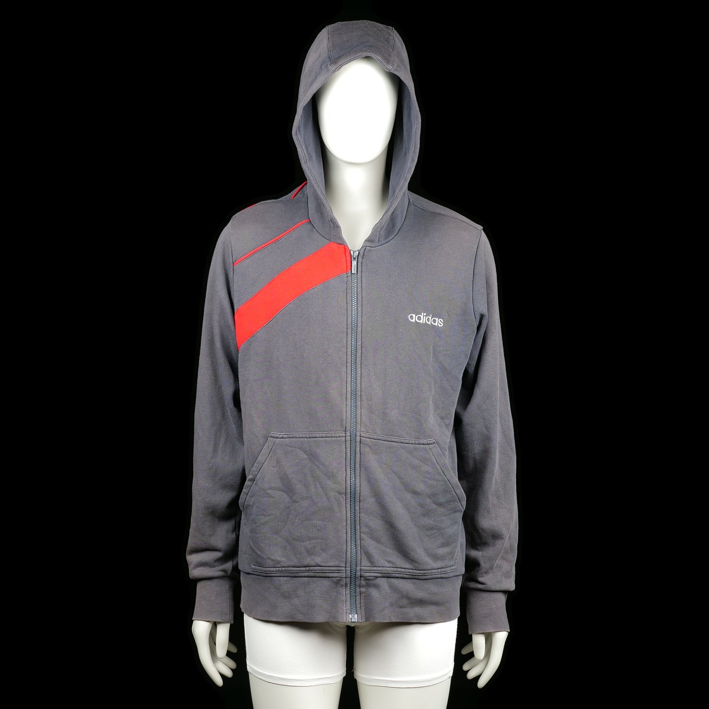 Adidas - Hoodie - Charcoal & Red - Size L - Charcoal zip-up hoodie with red diagonal print accents across the chest and back. Features front kangaroo pockets, ribbed cuffs, and a straight hem.