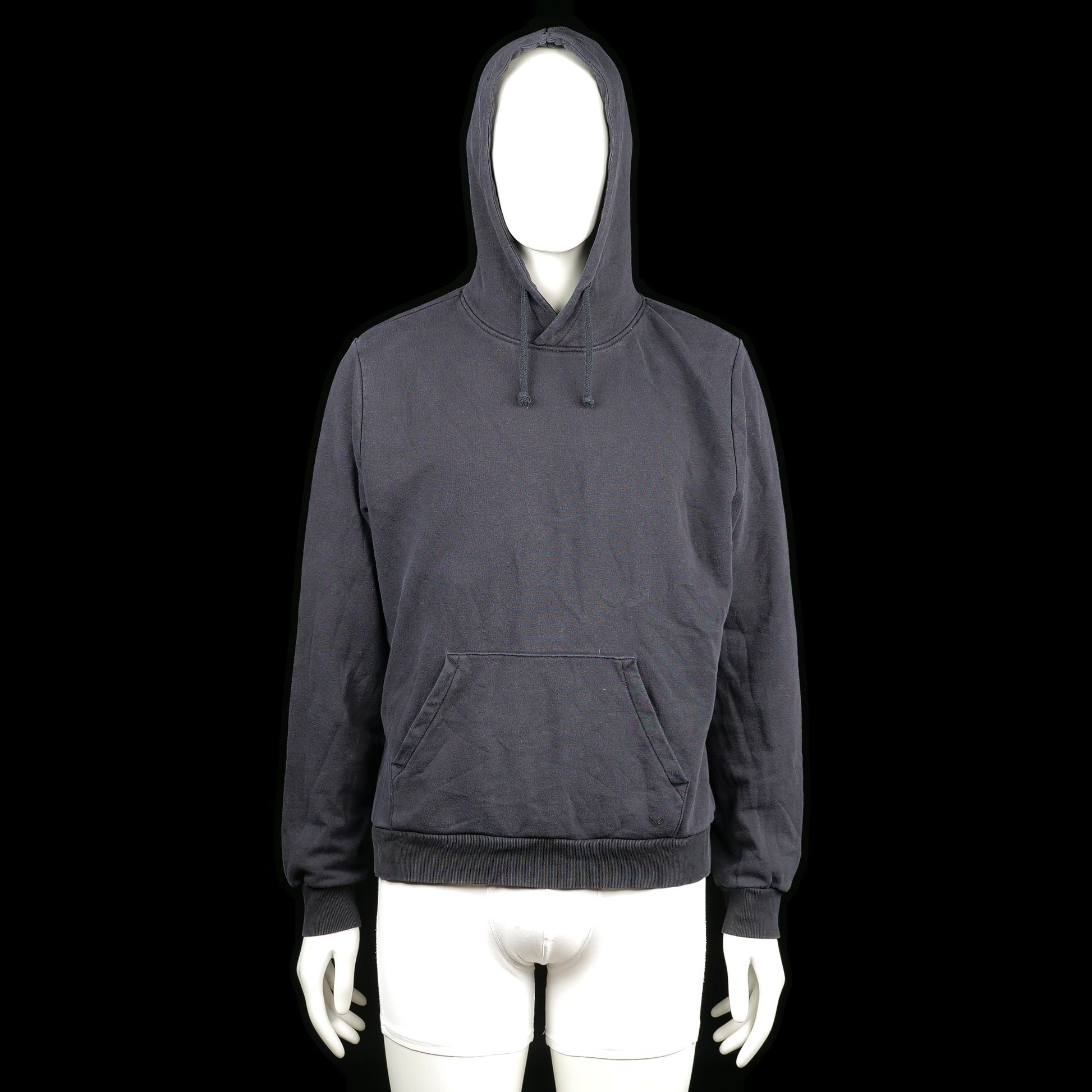 Soc - Hoodie - Charcoal - Size L - Charcoal hoodie with a kangaroo pocket, ribbed cuffs and hem, and an adjustable drawstring hood. The design is plain without any visible prints or embellishments.