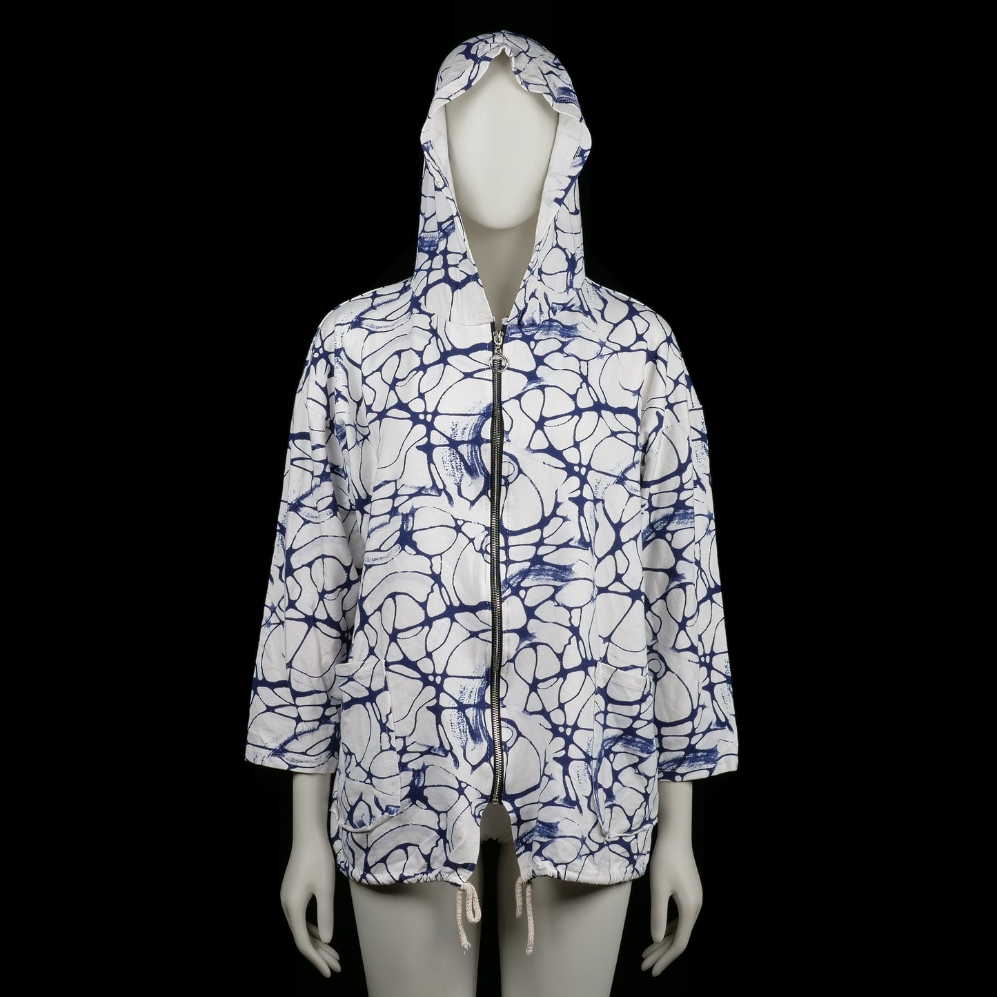 Hoodie - White & Navy - Size XXL - White zip-up hoodie with a navy blue batik pattern and three-quarter sleeves. Features drawstring detail at the hem and two front patch pockets.