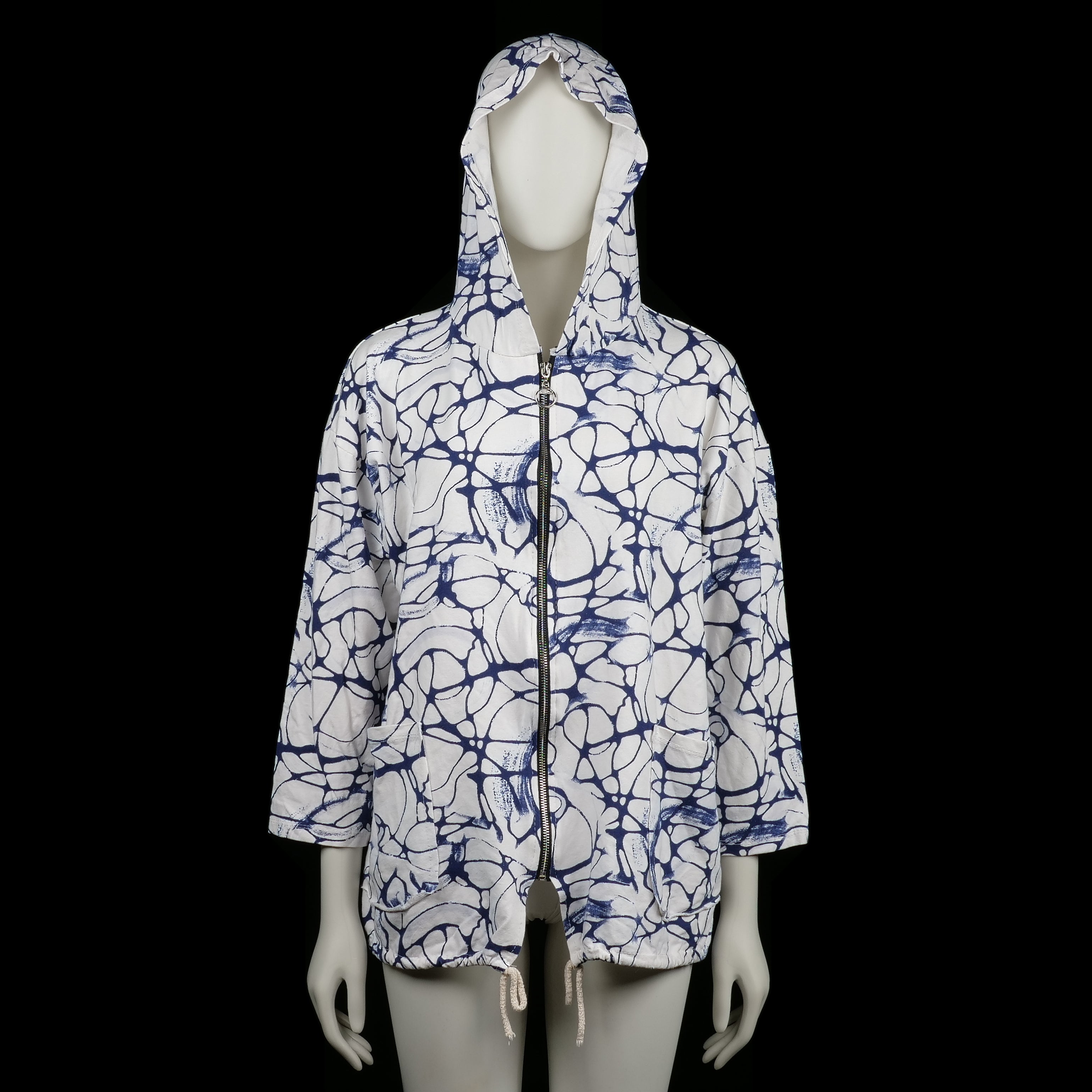 Hoodie - White & Navy - Size XXL - White zip-up hoodie with a navy blue batik pattern and three-quarter sleeves. Features drawstring detail at the hem and two front patch pockets.