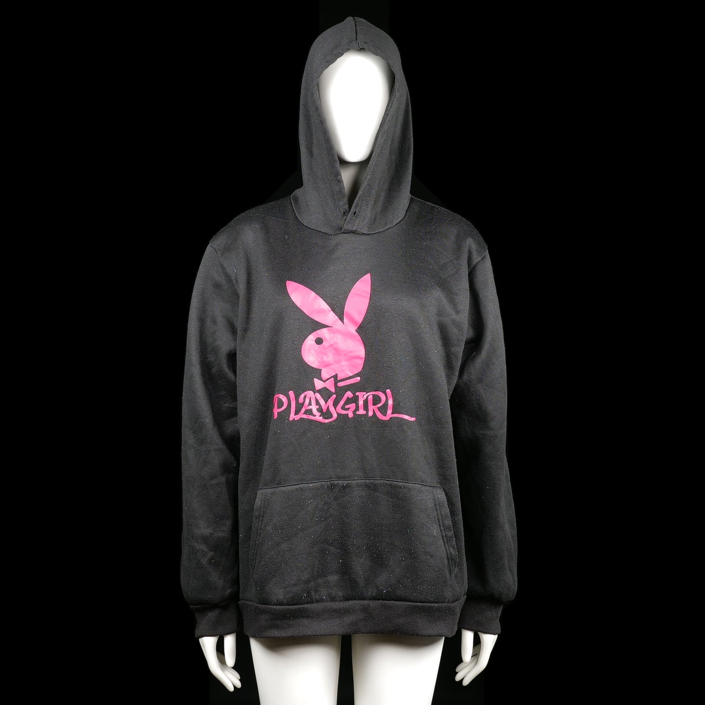 Playgirl - Hoodie - Black & Pink - Size 3XL - Black hoodie with a large pink Playboy bunny and "PLAYGIRL" text print on the front. Features a front kangaroo pocket and ribbed cuffs and hem.