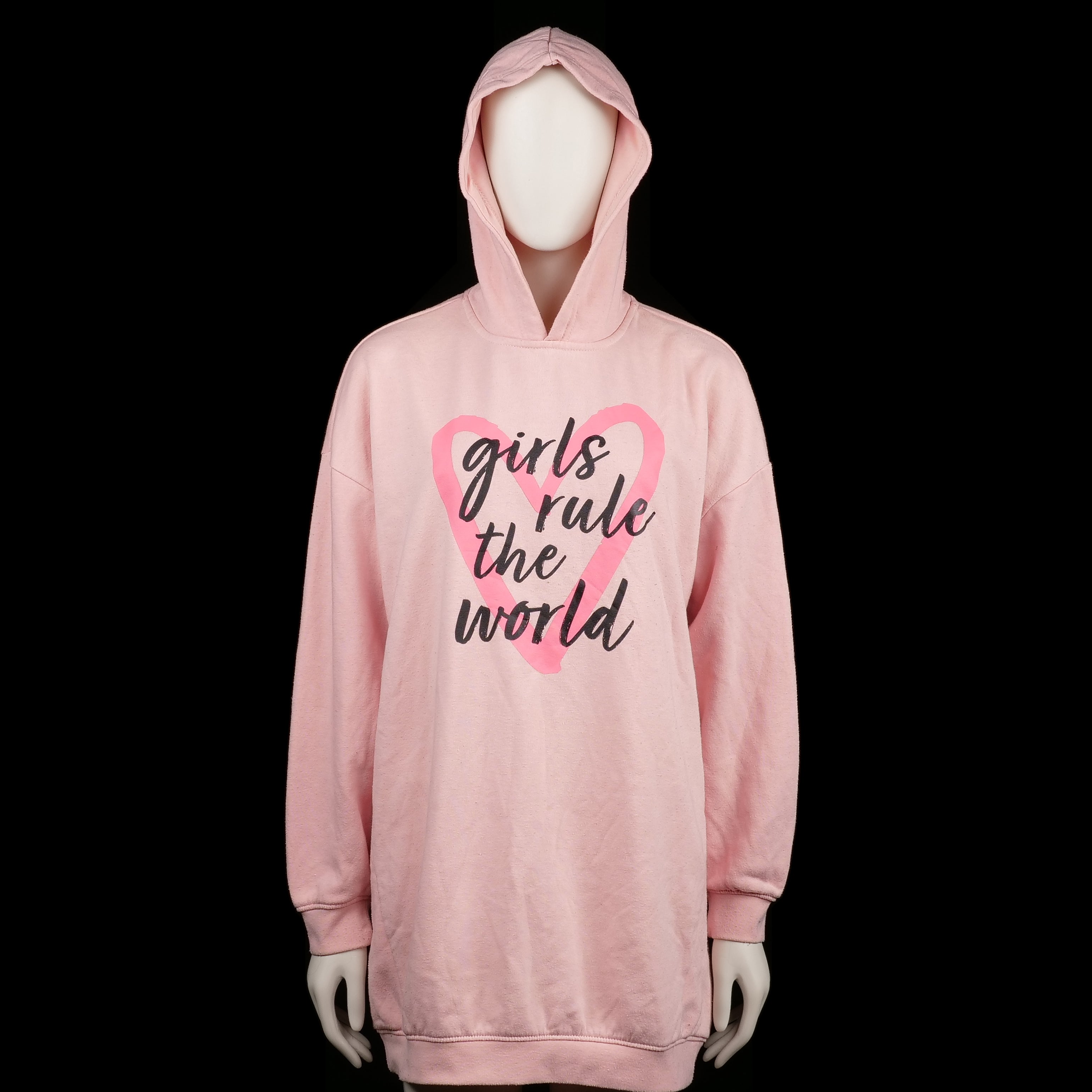 Ever.Me - Hoodie - Pink - Size S - Oversized pink hoodie with a front graphic print reading "girls rule the world" inside a pink heart outline. It features a hood, ribbed cuffs, and a straight hem.