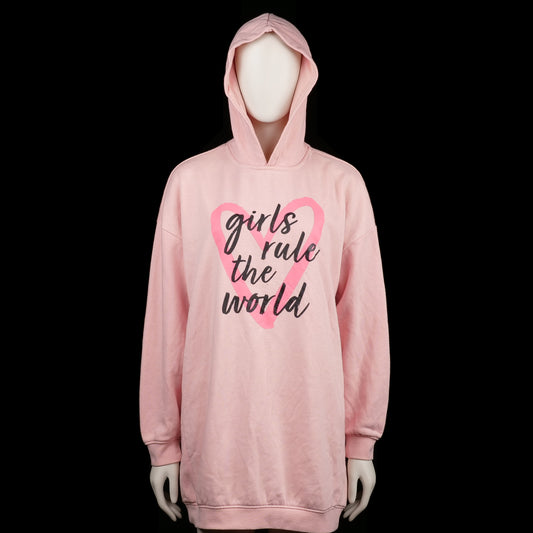 Ever.Me - Hoodie - Pink - Size S - Oversized pink hoodie with a front graphic print reading "girls rule the world" inside a pink heart outline. It features a hood, ribbed cuffs, and a straight hem.
