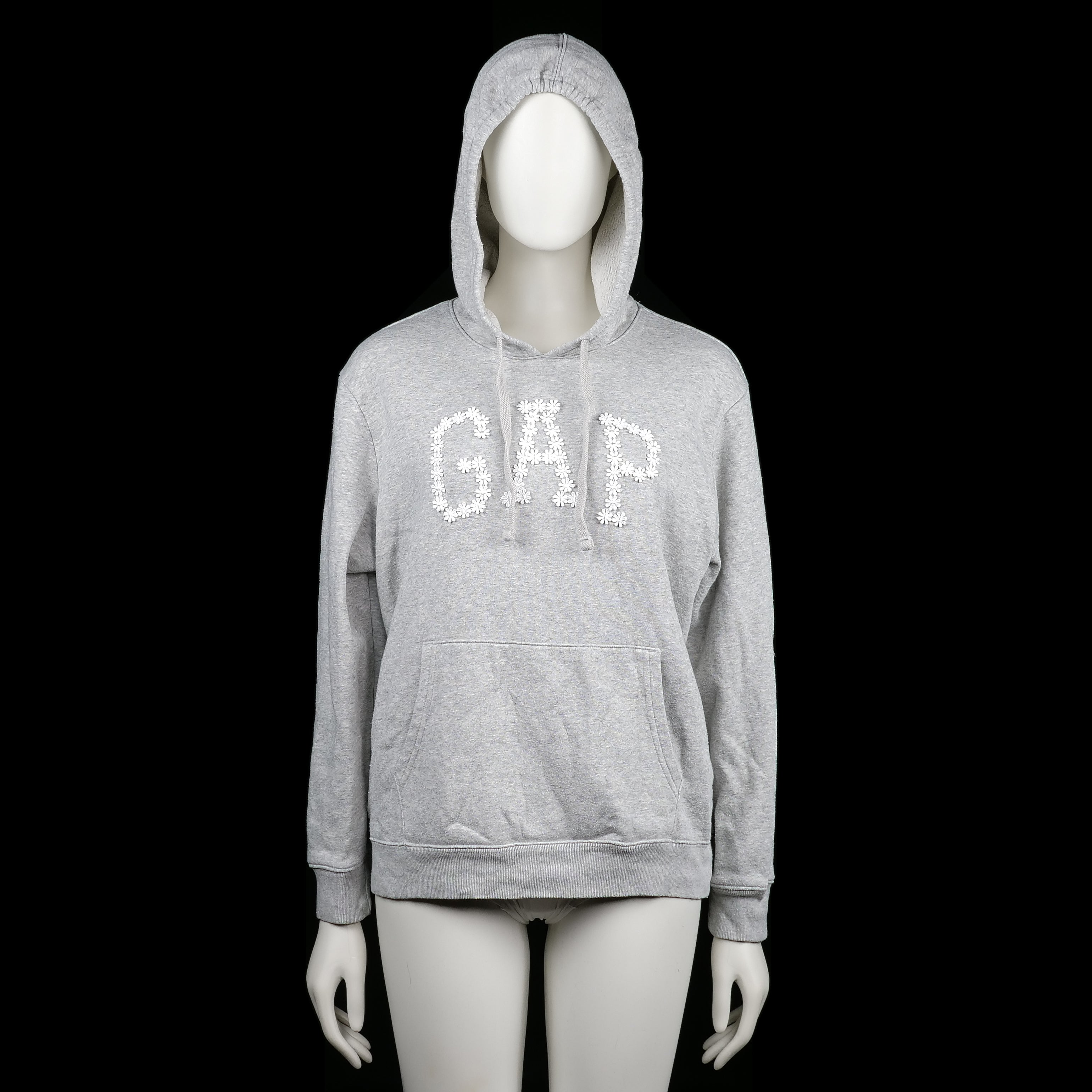 GAP - Hoodie - Light Gray - Size S - Light gray hoodie with ribbed cuffs and a straight hem. Features a floral-textured "GAP" print across the chest and a front kangaroo pocket.