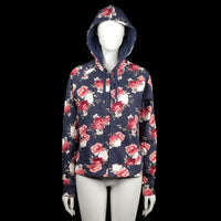 Cubus - Hoodie - Navy & Red - Size L - Zip-up hoodie with a navy base and an all-over red and white floral print. Features ribbed cuffs, a straight hem, and a drawstring hood.