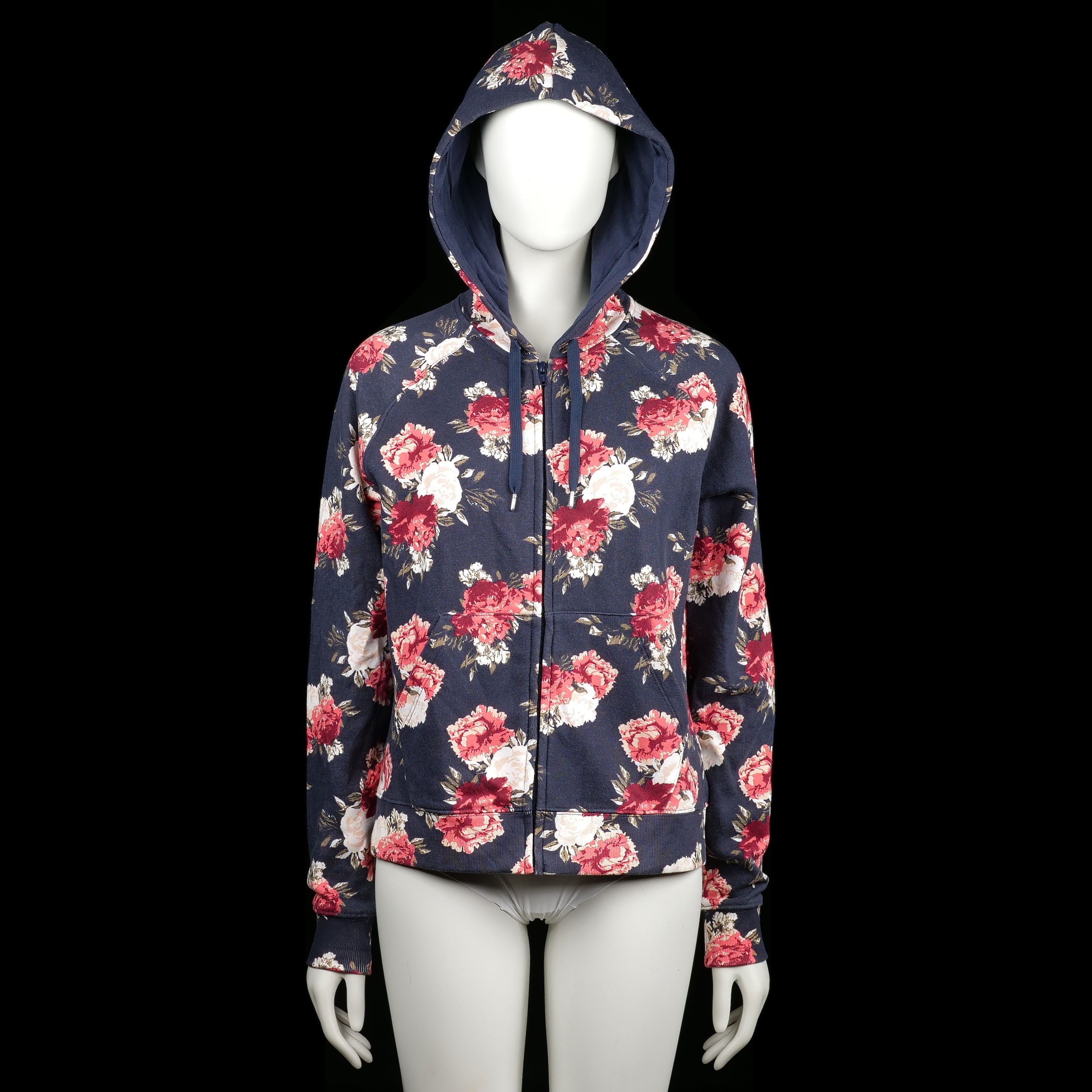 Cubus - Hoodie - Navy & Red - Size L - Zip-up hoodie with a navy base and an all-over red and white floral print. Features ribbed cuffs, a straight hem, and a drawstring hood.
