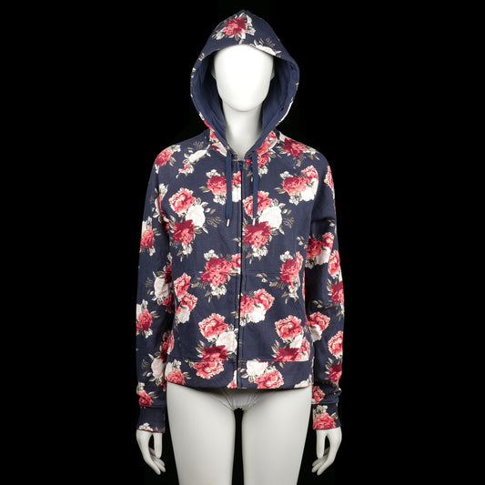 Cubus - Hoodie - Navy & Red - Size L - Zip-up hoodie with a navy base and an all-over red and white floral print. Features ribbed cuffs, a straight hem, and a drawstring hood.