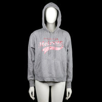 H&M - Hoodie - Light Gray & Pink - Size M - Light gray hoodie with a front pink graphic print reading “Melrose” and a kangaroo pocket. Features ribbed cuffs, straight hem, and a drawstring hood.