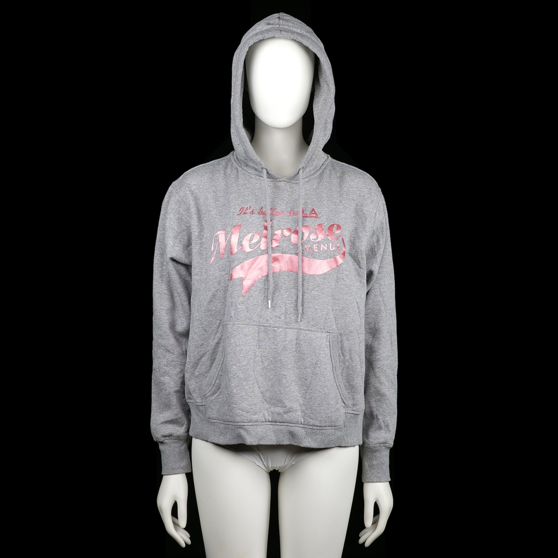 H&M - Hoodie - Light Gray & Pink - Size M - Light gray hoodie with a front pink graphic print reading “Melrose” and a kangaroo pocket. Features ribbed cuffs, straight hem, and a drawstring hood.