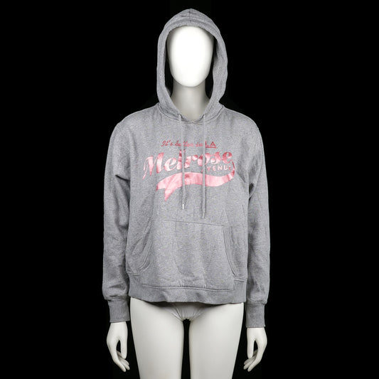 H&M - Hoodie - Light Gray & Pink - Size M - Light gray hoodie with a front pink graphic print reading “Melrose” and a kangaroo pocket. Features ribbed cuffs, straight hem, and a drawstring hood.