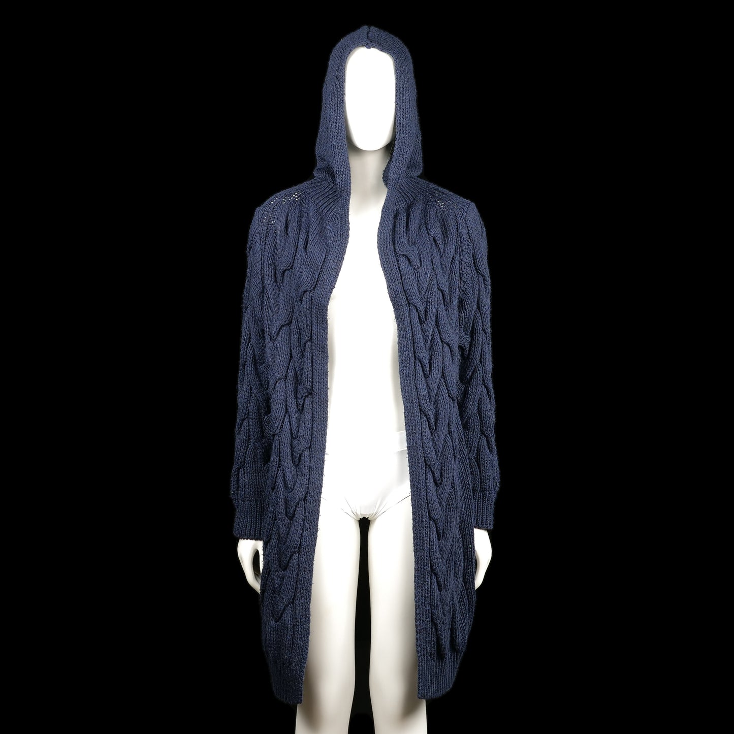 Cardigan - Navy - Size XL - Navy longline hooded cardigan featuring a chunky cable-knit pattern throughout. Finished with ribbed cuffs and a straight hem.