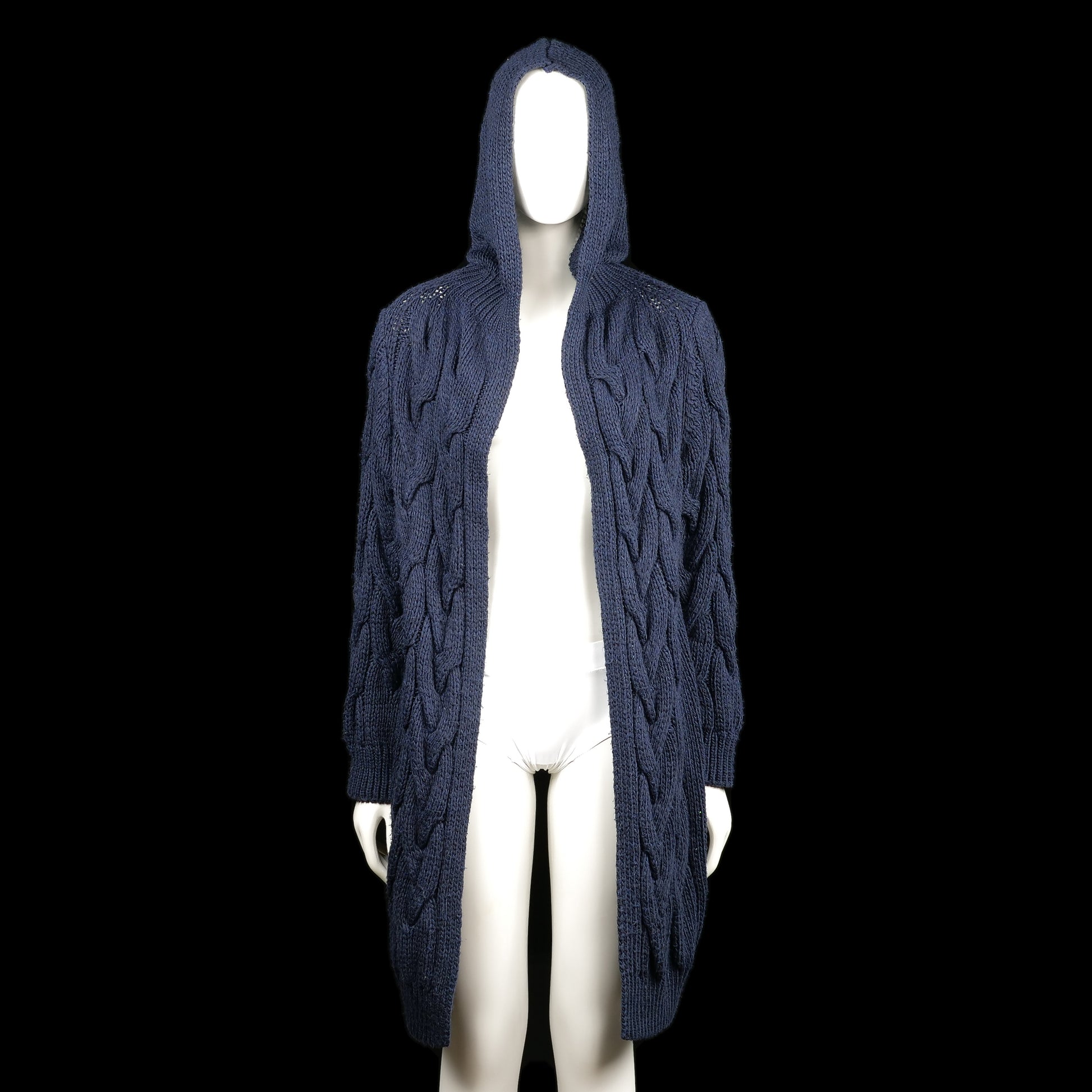 Cardigan - Navy - Size XL - Navy longline hooded cardigan featuring a chunky cable-knit pattern throughout. Finished with ribbed cuffs and a straight hem.