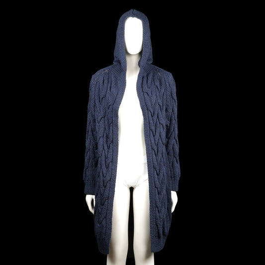 Cardigan - Navy - Size XL - Navy longline hooded cardigan featuring a chunky cable-knit pattern throughout. Finished with ribbed cuffs and a straight hem.