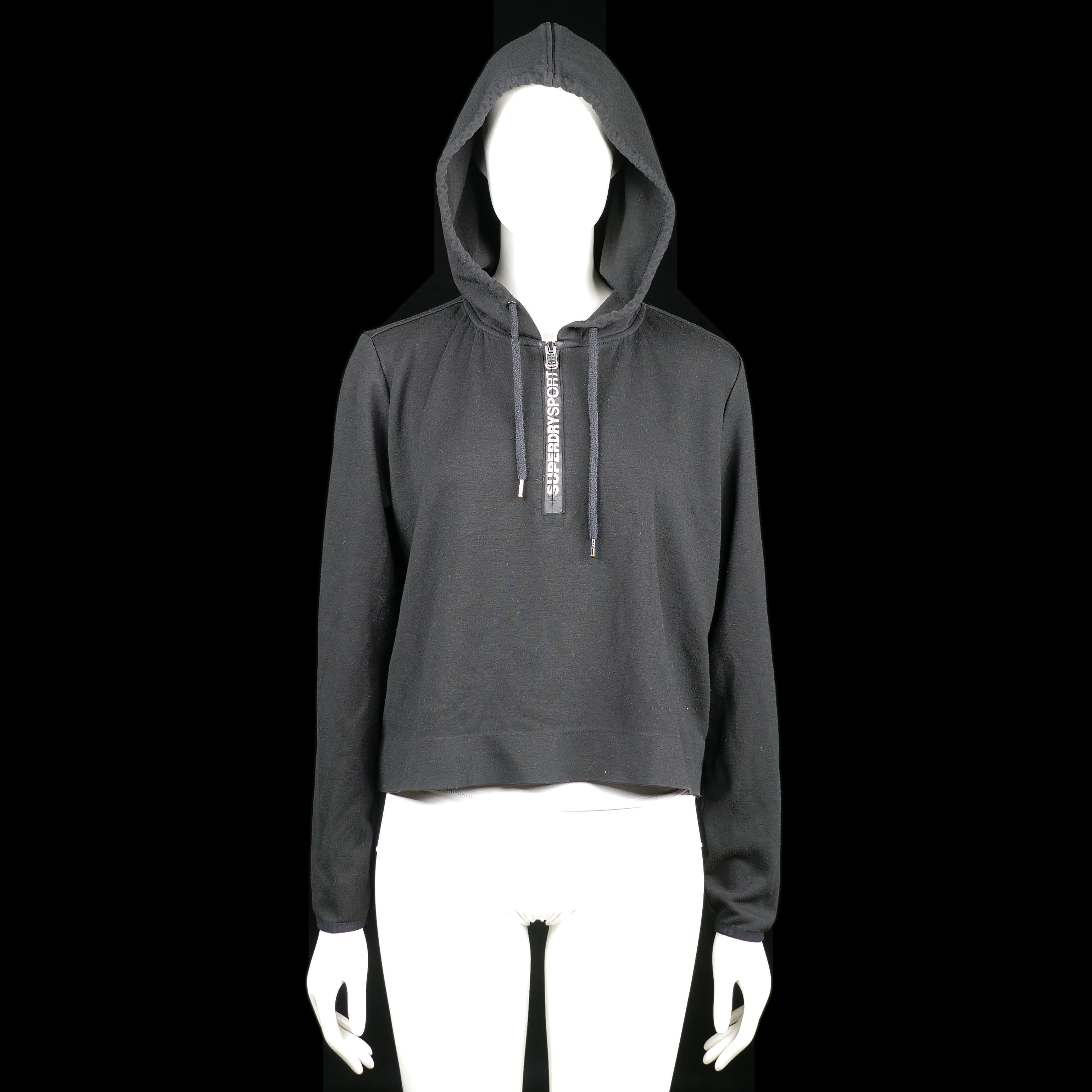 Superdry Sport - Hoodie - Black - Size L - Black hoodie with adjustable drawstrings and printed text on the hem and one of the strings. Features a cropped fit and a straight hem.