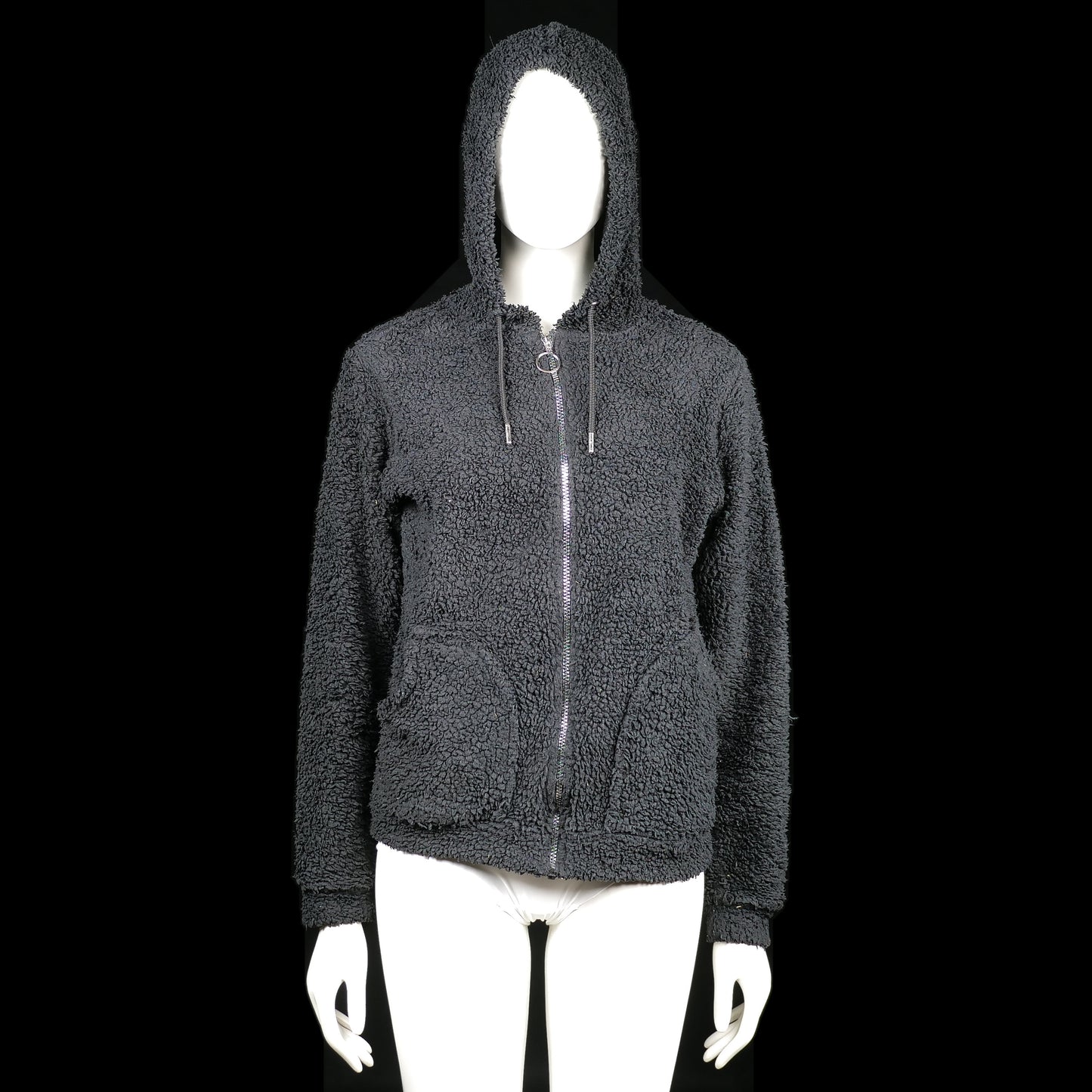 Hoodie - Charcoal - Size M - Charcoal-colored zip-up hoodie with a soft, textured sherpa look and a drawstring hood. Features curved front patch pockets and a straight hem.