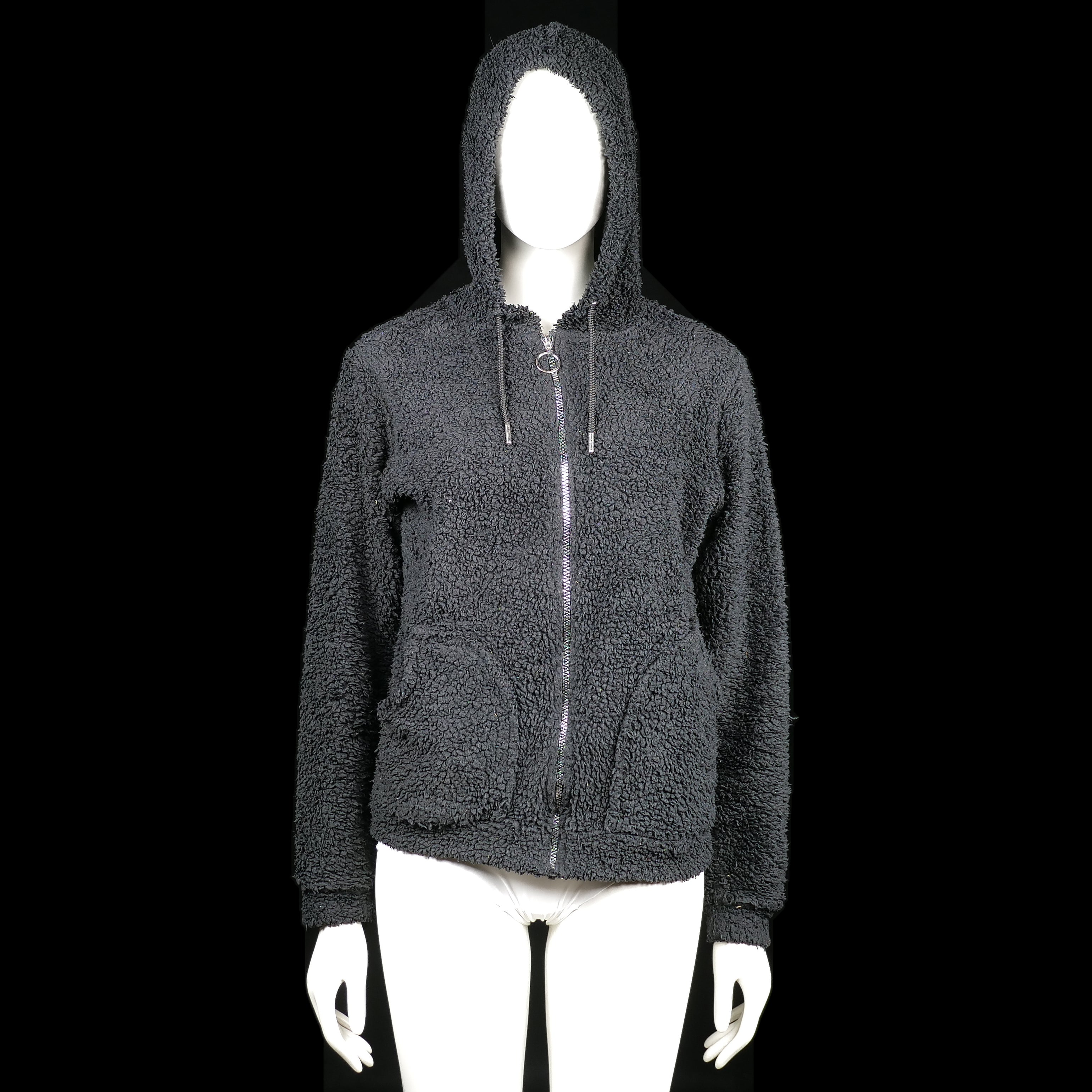 Hoodie - Charcoal - Size M - Charcoal-colored zip-up hoodie with a soft, textured sherpa look and a drawstring hood. Features curved front patch pockets and a straight hem.