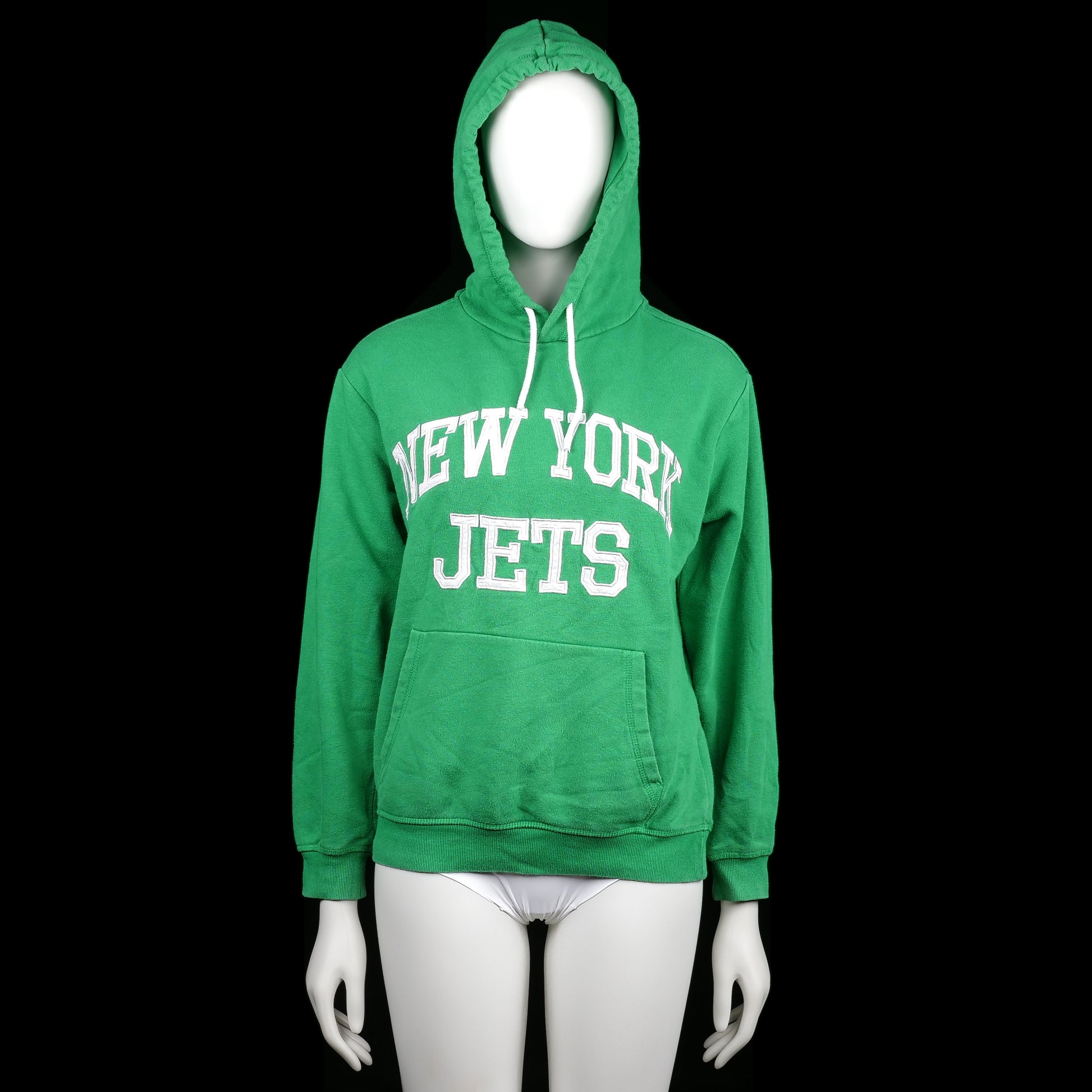 H&M - Hoodie - Forest Green & White - Size XS - Green hoodie with "NEW YORK JETS" printed in large white letters on the front. Features a front kangaroo pocket, drawstring hood, and ribbed cuffs and hem.
