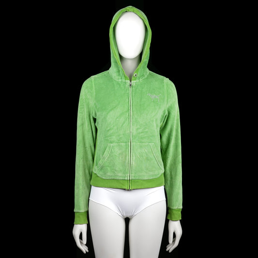 Victoria's Secret Pink - Hoodie - Mint - Size M - Mint green zip-up hoodie with ribbed cuffs and hem, featuring front kangaroo pockets and printed rhinestone text on the back. Hood includes adjustable drawstrings.