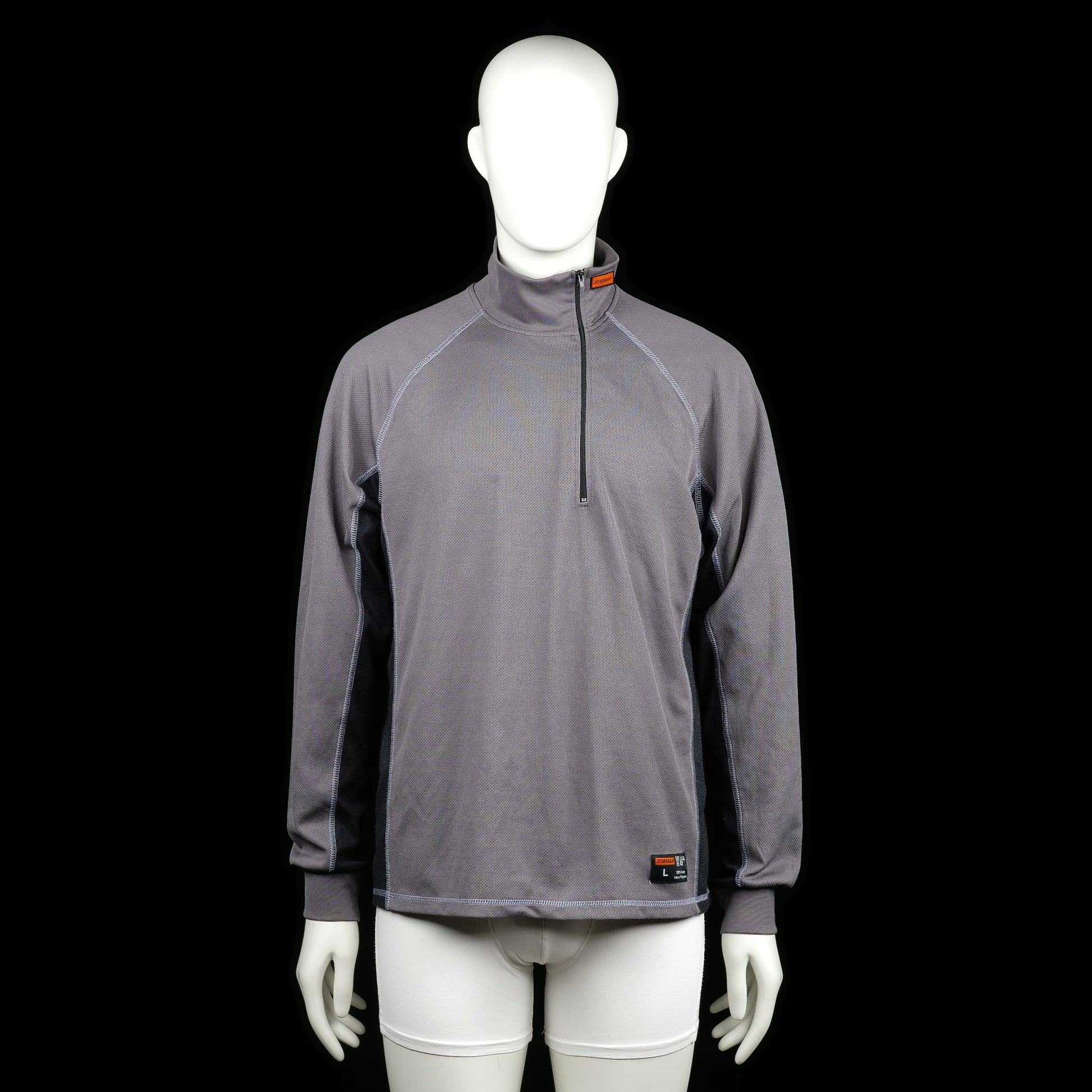 Jobman - Sports top - Gray & Black - Size L - Gray long-sleeve sports top with ribbed cuffs, black side panels, and a mock neck with a short front zipper. Contrast stitching runs along the shoulders and sides.