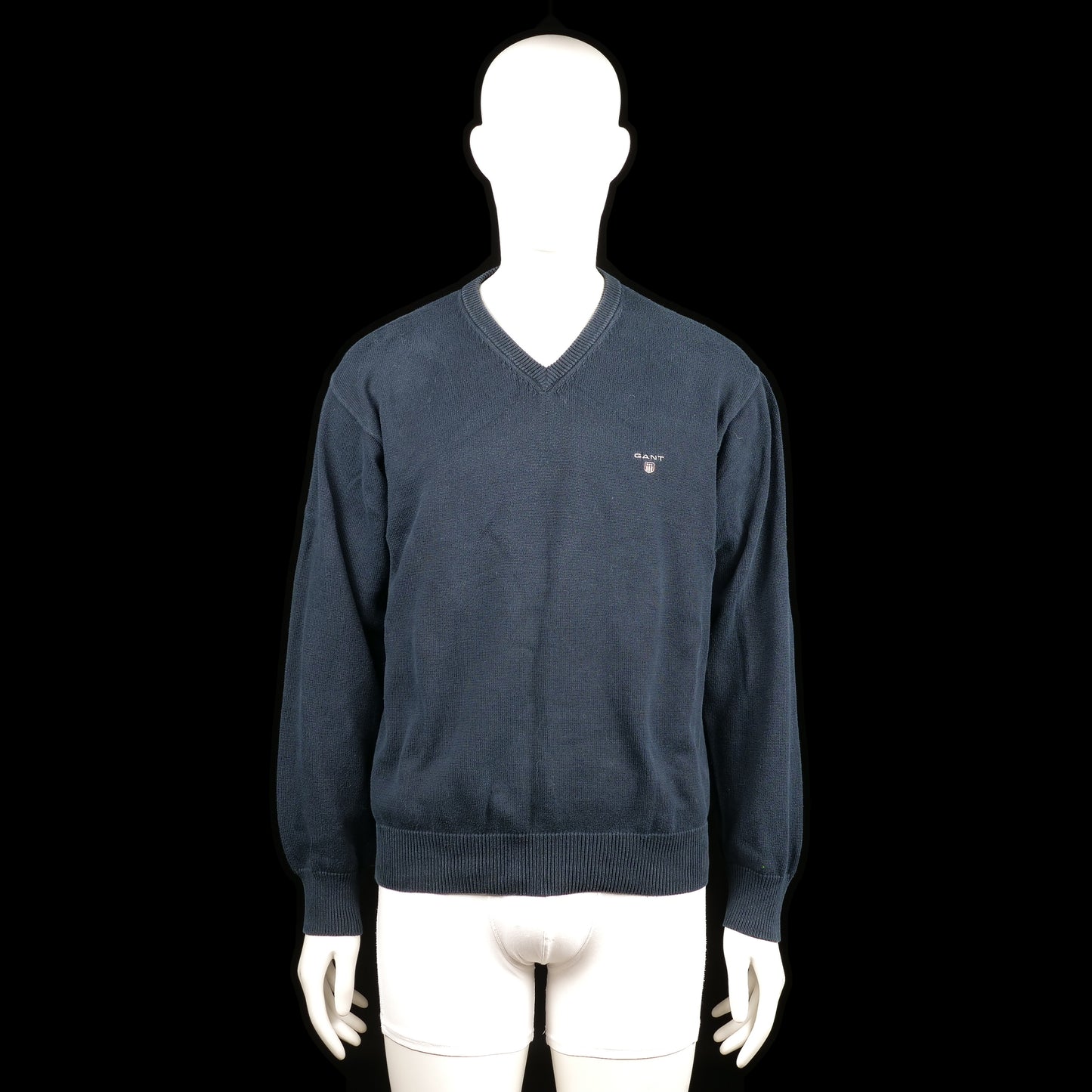 Gant - Sweater - Navy - Size L - Navy V-neck sweater with ribbed cuffs and hem. Small logo detail on the left chest.