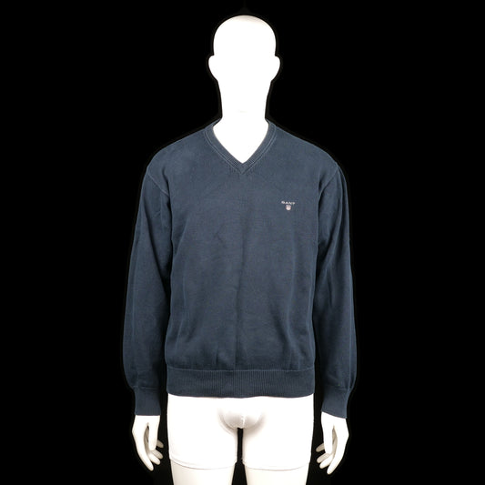 Gant - Sweater - Navy - Size L - Navy V-neck sweater with ribbed cuffs and hem. Small logo detail on the left chest.