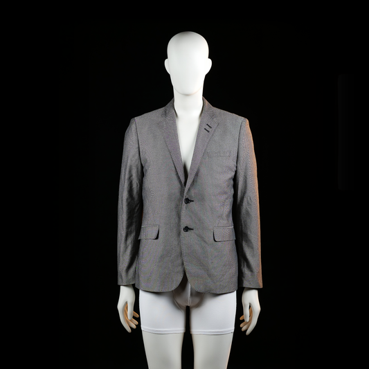 H&M - Blazer - Gray & Black - Size 48 - Two-button blazer with flap pockets and a welt chest pocket, featuring dark contrasting elbow patches. Single vent at the back and buttoned cuffs.
