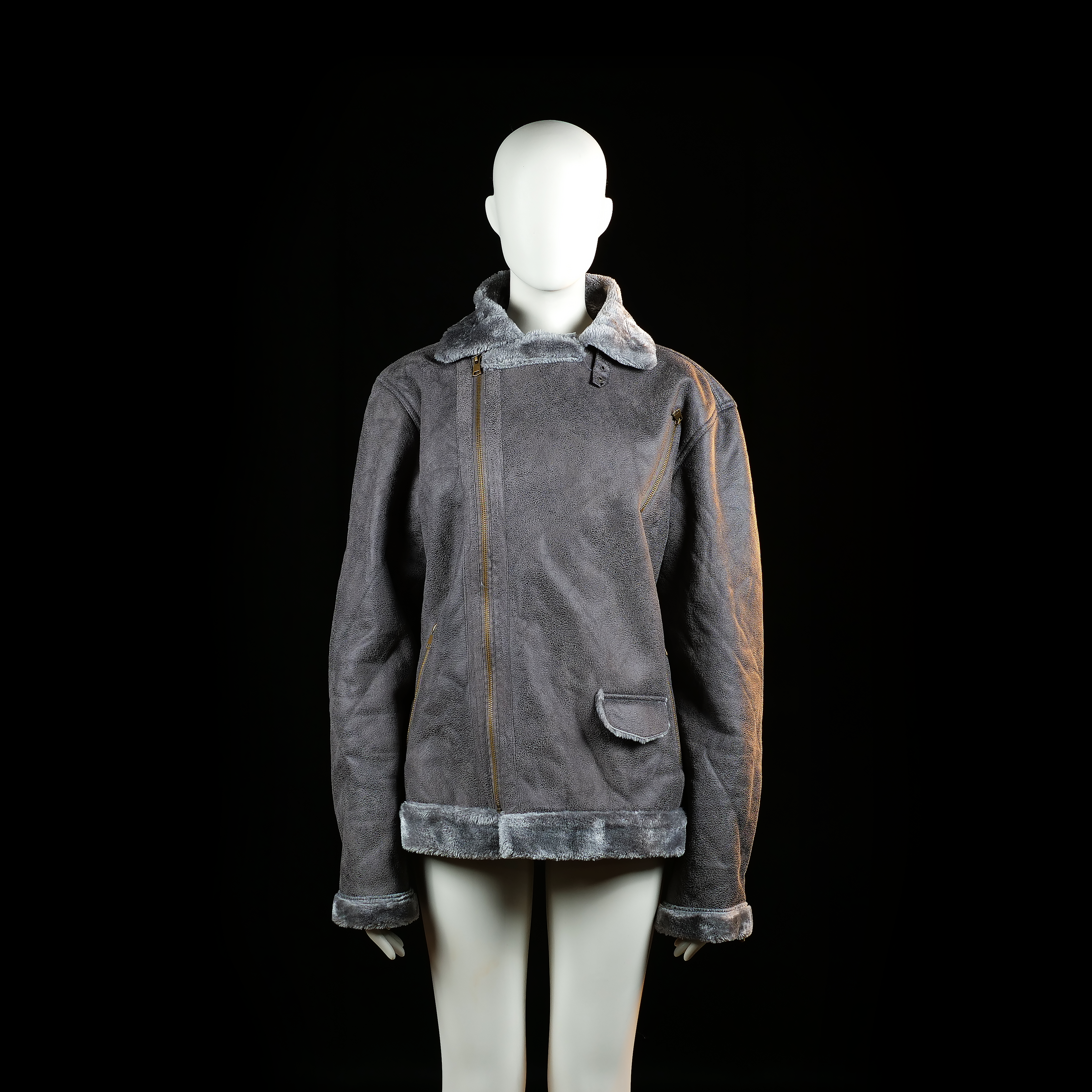 Fur jacket - Dark Gray - Size L - Asymmetric zip front jacket with visible shearling trim on the collar, cuffs, and hem. Features angled zip pockets and a flap pocket on the front.