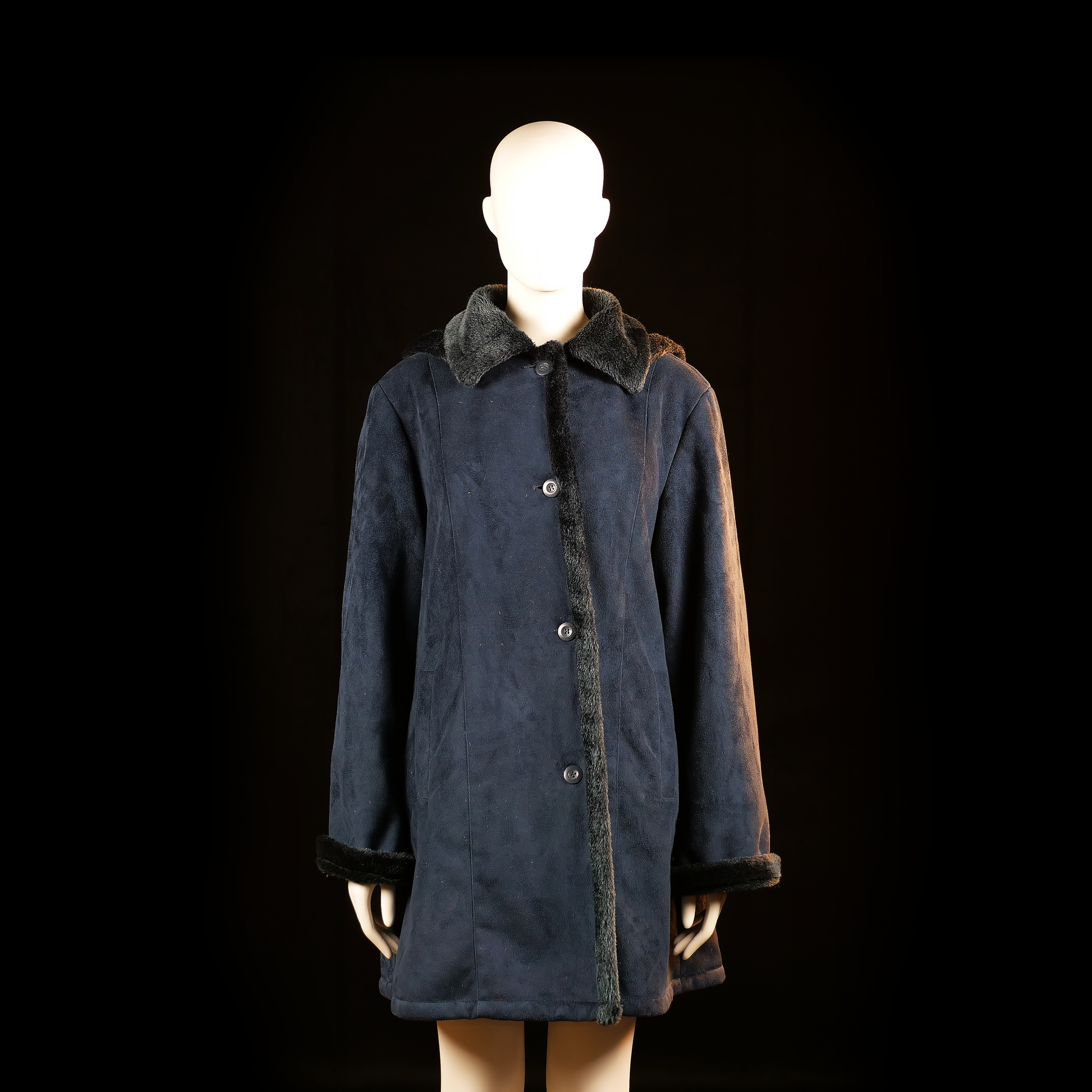 Parka - Navy & Charcoal - Size 40 - Hip-length coat with a hood and visible faux fur trim on the collar, cuffs, and front placket. Features a button front closure and a smooth, suede-like finish.