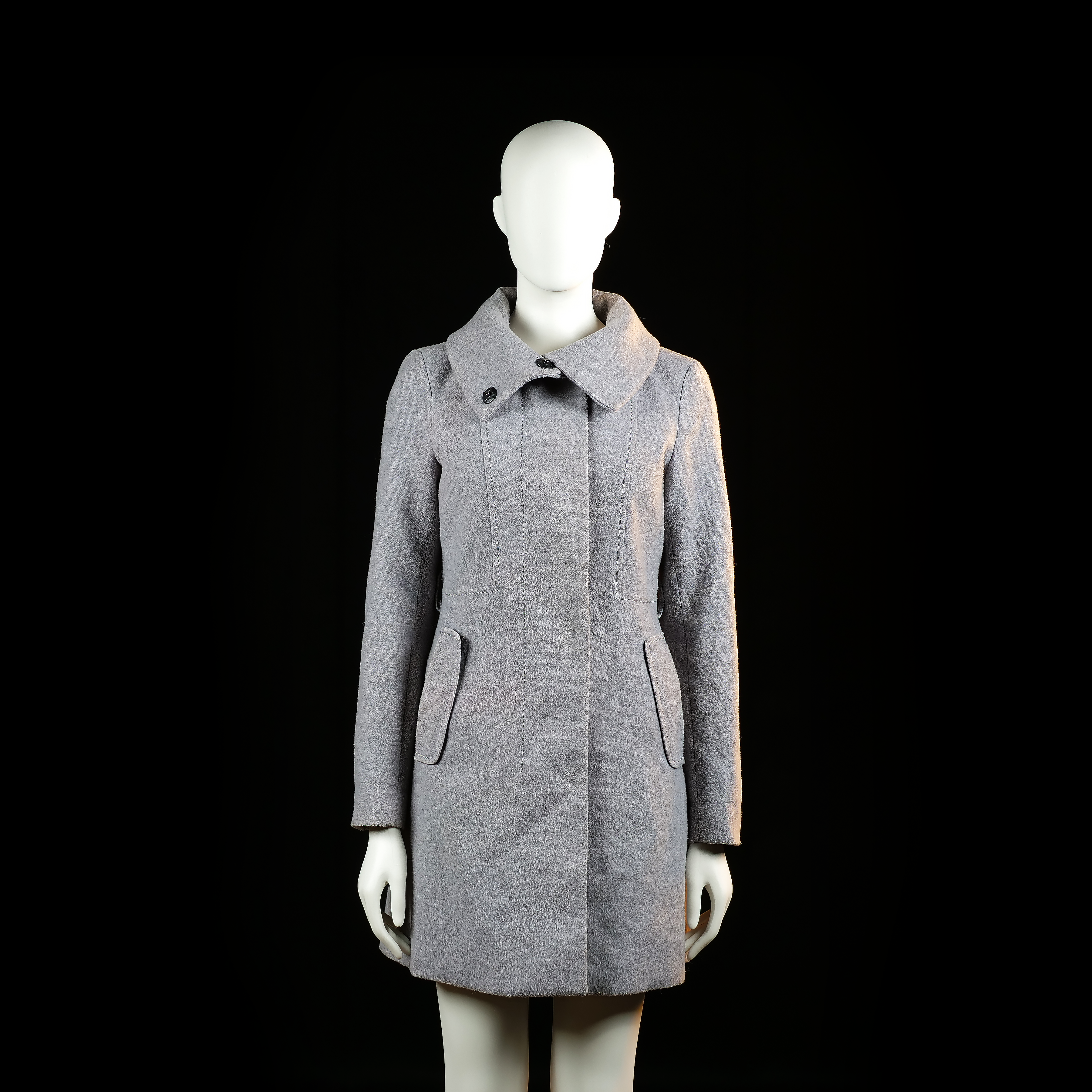 H&M - Overcoat - Light Gray - Size 34 - Light gray coat with a flared hemline, front flap pockets, and a wide high collar secured by an off-center button. Vertical seam detailing runs from the shoulders to the waist.
