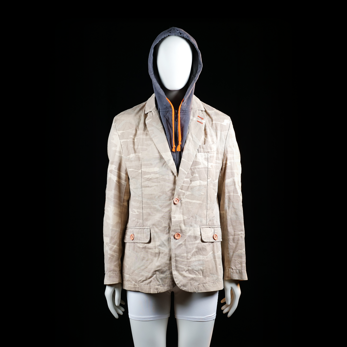 Golden Blazer - Blazer - Beige & Dark Gray - Size L - Single-breasted blazer with all-over light camouflage print, two-button closure, and flap pockets. Features quilted elbow patches with visible orange stitching and a dark gray layered hooded insert with orange drawstrings.