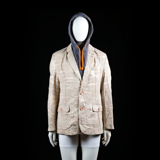 Golden Blazer - Blazer - Beige & Dark Gray - Size L - Single-breasted blazer with all-over light camouflage print, two-button closure, and flap pockets. Features quilted elbow patches with visible orange stitching and a dark gray layered hooded insert with orange drawstrings.