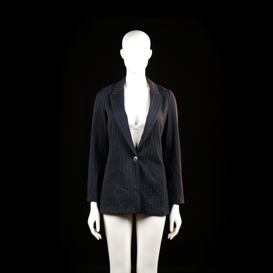 H&M - Blazer - Black & White - Size 34 - Longline single-breasted blazer with a notched lapel, single button closure, and vertical white pinstripes throughout. Features two large front patch pockets and straight long sleeves.