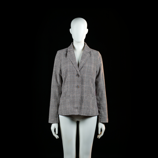 Soulmate - Blazer - Gray & Brown - Size 38 - Single-breasted blazer with two front buttons, featuring a classic notch lapel and front flap pockets. The garment has a plaid check pattern throughout.