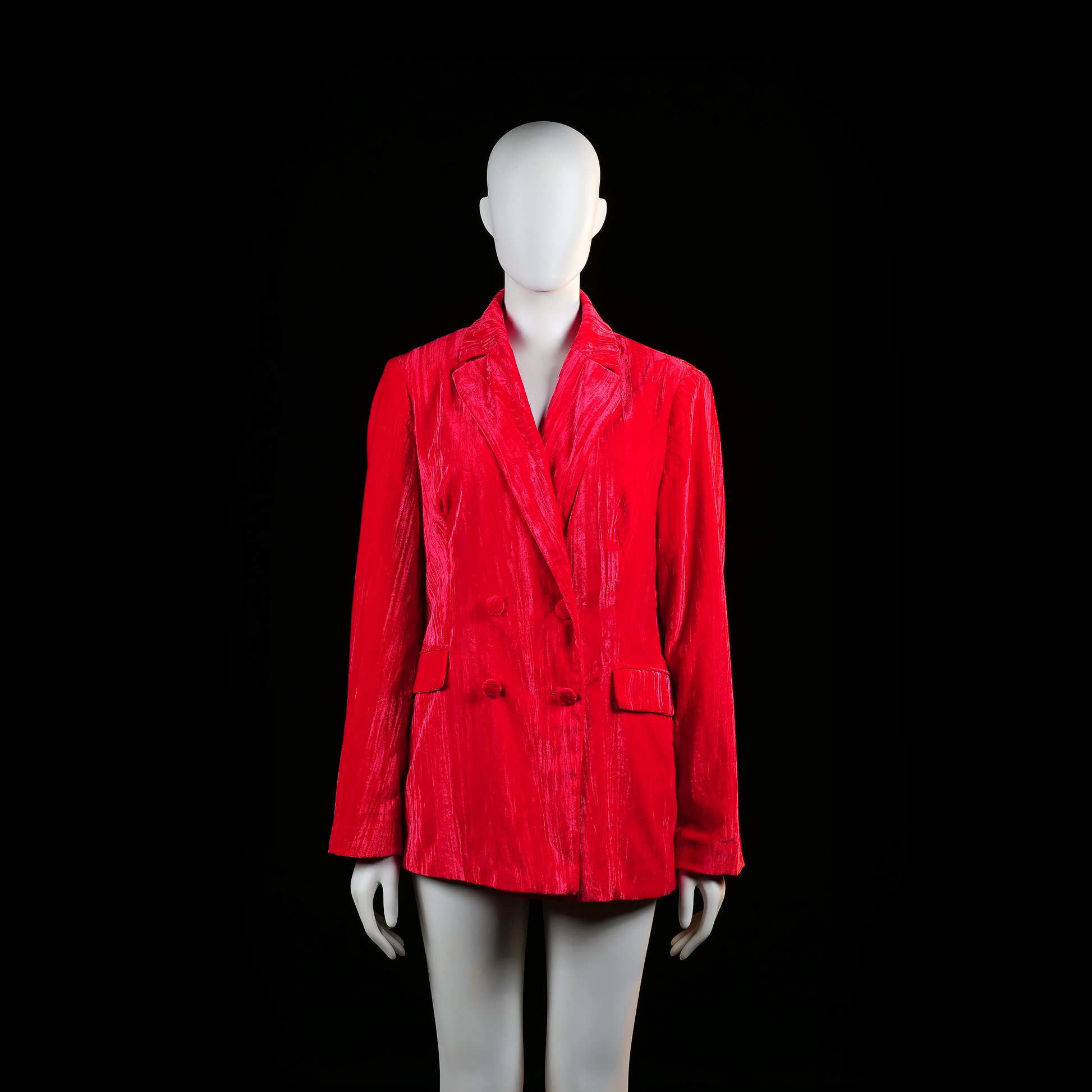 Primark - Blazer - Red - Size 42 - Double-breasted red blazer with a notched lapel, structured shoulders, front flap pockets, and a straight hem. The surface has a visible crushed texture effect across the entire garment.