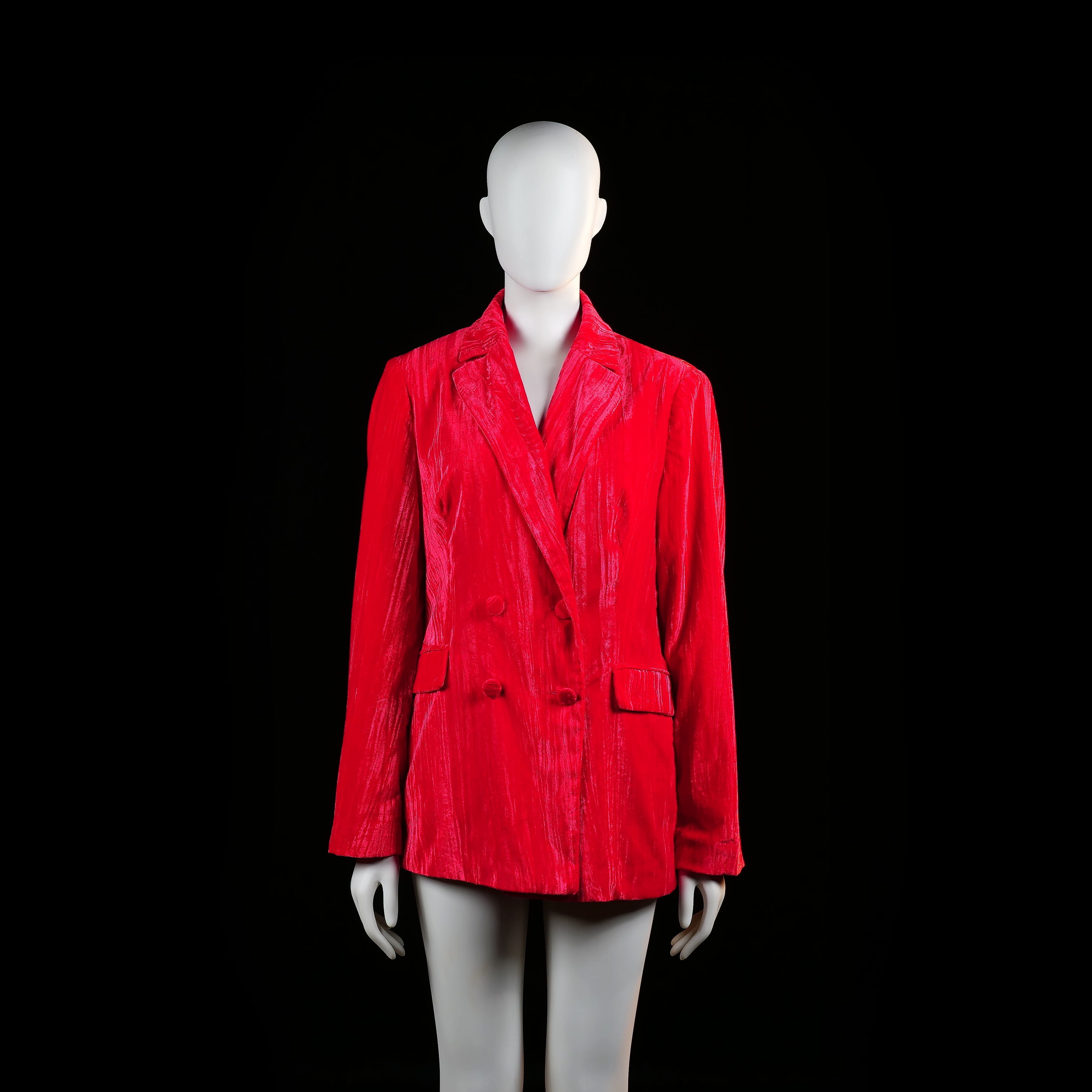 Primark - Blazer - Red - Size 42 - Double-breasted red blazer with a notched lapel, structured shoulders, front flap pockets, and a straight hem. The surface has a visible crushed texture effect across the entire garment.
