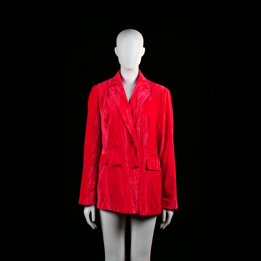 Primark - Blazer - Red - Size 42 - Double-breasted red blazer with a notched lapel, structured shoulders, front flap pockets, and a straight hem. The surface has a visible crushed texture effect across the entire garment.