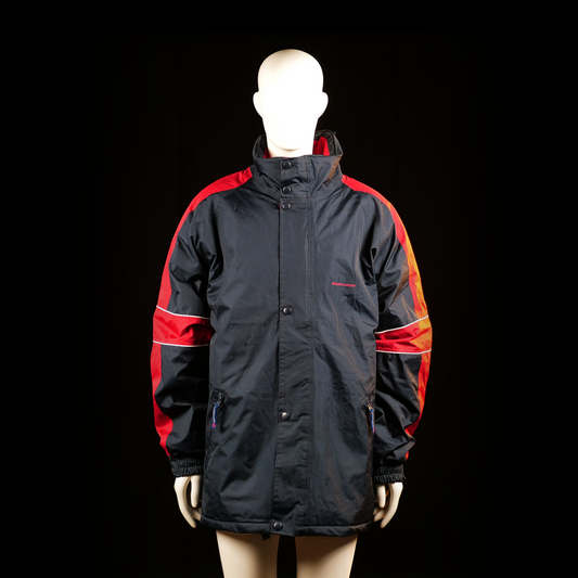 Berglund - Windbreaker - Black & Red - Size 2XL - Long-length jacket with a high collar, front zipper with snap button placket, and elastic cuffs. Features color-block red panels on the sleeves with thin horizontal white piping.