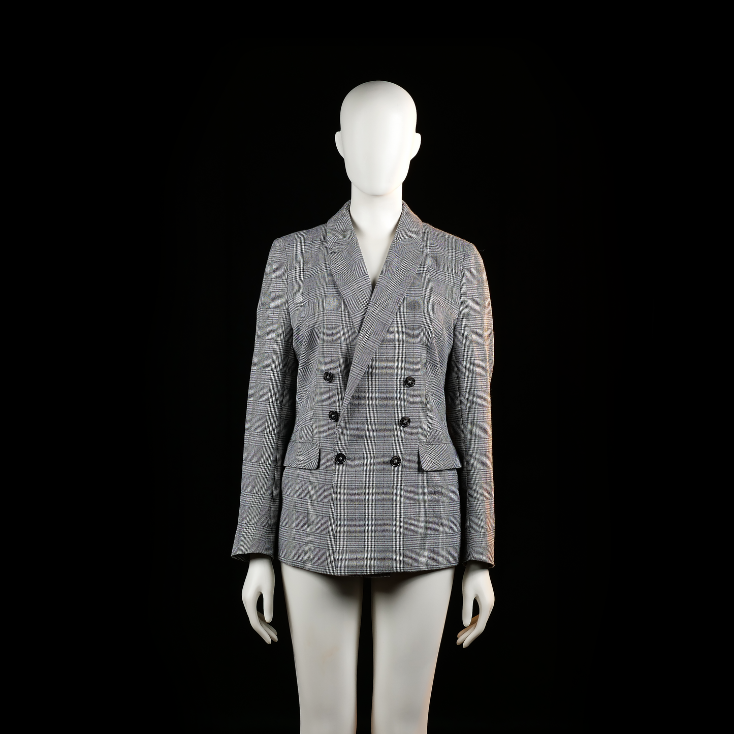 Kappahl - Blazer - Gray & Black - Size 40 - Double-breasted plaid blazer with notched lapels and two front flap pockets. Features a checkered pattern with black buttons and a tailored fit.