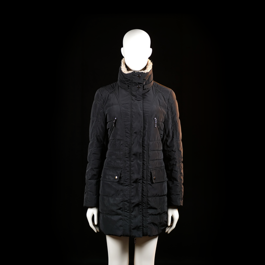 Poolgirl - Parka - Black - Size M - Long padded coat with horizontal quilted stitching, high stand collar lined with faux fur, and multiple front zip and flap pockets. Features a front zipper with a snap-button placket for added wind protection.