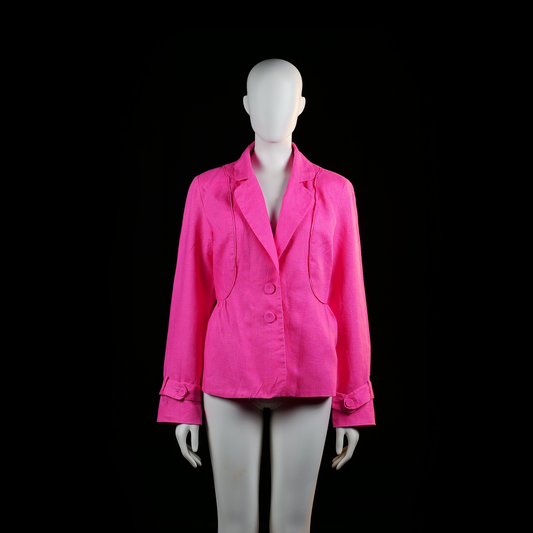 Joy - Blazer - Pink - Size 44 - Bright pink tailored jacket with a notched lapel, two-button front closure, and gathered detailing at the waist. Cuffs feature decorative buttoned straps.