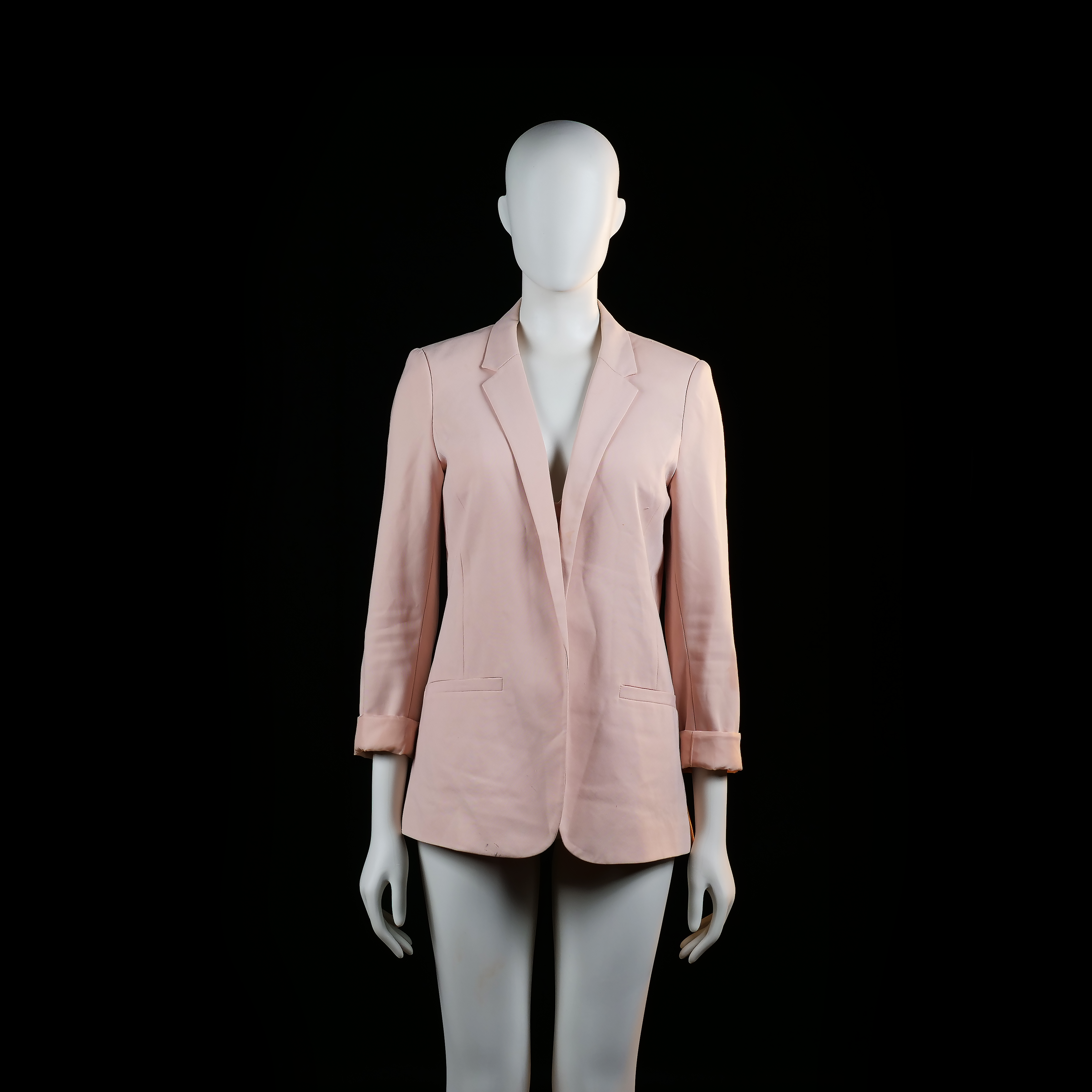 H&M - Blazer - Light Pink - Size 38 - Light pink tailored blazer with a notched lapel and two front welt pockets. Features cropped sleeves with visible cuffs.